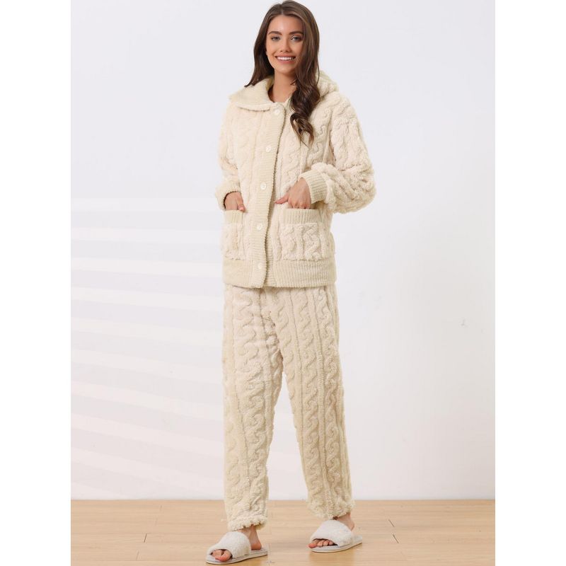 cheibear Women's Soft Warm Fluffy Fleece Button Down Long Sleeve Sleepwear with Pockets Pajama Set, 2 of 6