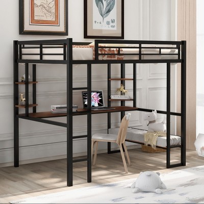 CAVINAS Full Size Loft Bed with Desk Modern Metal Bed Frame with Storage Shelves and Ladder for Bedroom