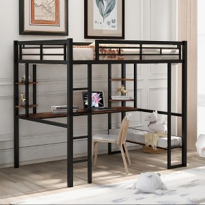 PAGED Full Size Loft Bed with Desk Modern Simple Metal Bed Frame with Storage Shelves, Guardrails and Ladder for Bedroom - 1 of 4