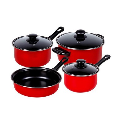 Gibson 7 Piece Chef Du Jour Carbon Steel Nonstick Cooking Pots and Pans Kitchen Cookware Set with Handles and Tempered Glass Lids, Red