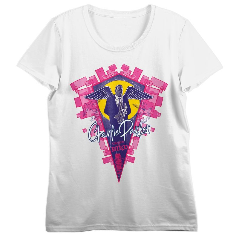 Charlie Parker with Angel Wings Women's White Tee with Short Sleeves and Crew Neck, 1 of 3