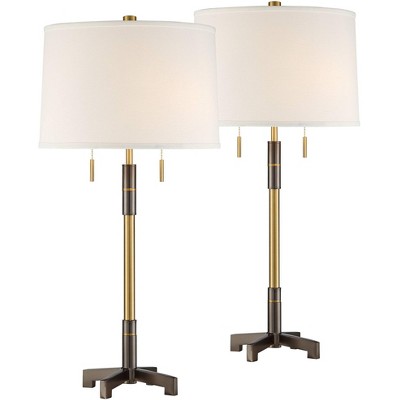 Possini Euro Design Mid Century Modern Table Lamps Set of 2 Brass Black White Drum Shade Living Room Bedroom House Bedside Home