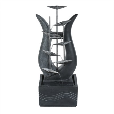 LuxenHome 37-Inch H Modern Abstract Metal Floral Cement Outdoor Fountain Gray