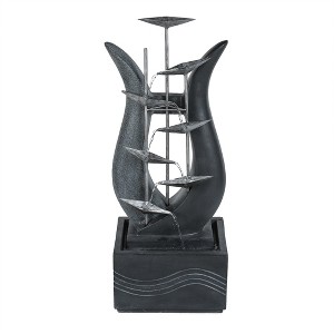 LuxenHome 37-Inch H Modern Abstract Metal Floral Cement Outdoor Fountain Gray - 1 of 4
