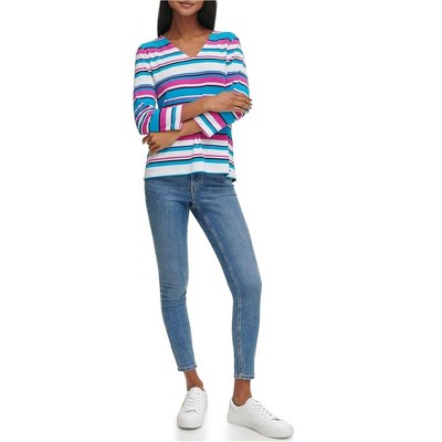 Calvin Klein Womens Multi-Striped Pullover Blouse