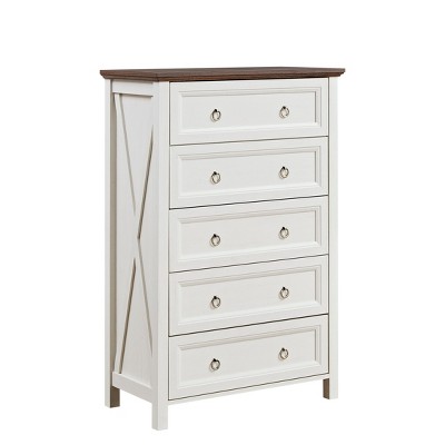 HDZNVF Farmhouse 5 Drawers Dresser Chests for Bedroom, Wood Rustic Tall Chest of Drawers, Walnut