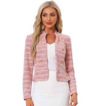 Allegra K Women's Tweed Stand Collar Business Open Front Cropped Jacket