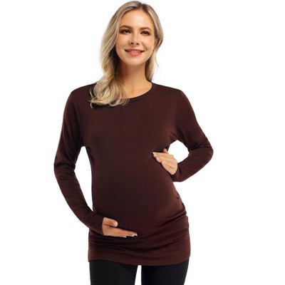 Coolmee Maternity Shirt Long Sleeve Basic Top Ruch Sides Bodycon Tshirt for Pregnant Women with Button