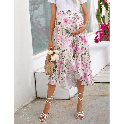 Women Pleated Elastic High Waist Maternity Midi Skirt Casual Summer Ruffle Boho Wrap Split Skirt