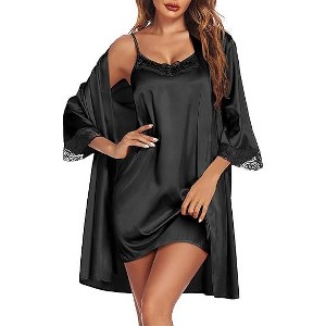 Ekouaer Sleepwear Women's Satin Nightgown with Robes Set 2 Piece Sexy Lace Cami Nightwear - 1 of 4