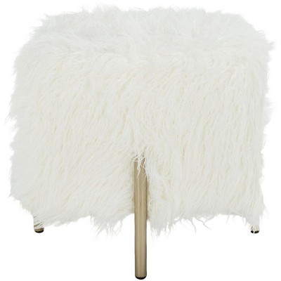 Posh White Faux Fur and Brass Square Ottoman