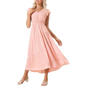 Allegra K Women's Summer Boho V Neck Short Sleeve Ruffle Elastic Waist Tiered Beach Maxi Sundresses - 1 of 4