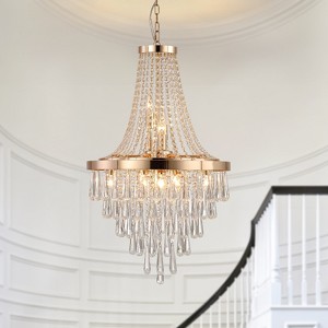 DOMETOUR 20" Modern Crystal Pendant Chandelier with Golden Finish 6-Light Hanging Tiered Design for Dining Room, Living Room, or Entryway (No Bulbs) - 1 of 4