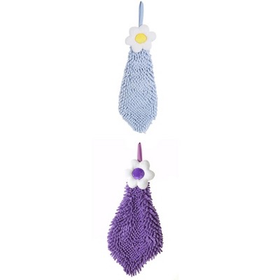 REGALWOVEN Chenille Soft Absorbent Flower Hanging Hand Towels for Bathroom 2 Pcs