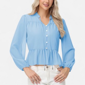 Anna-Kaci Women's Long Sleeve Button Front Peplum Blouse with V-Neckline and Gathered Waist Detail - 1 of 4