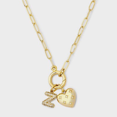 14K Gold Dipped Cubic Zirconia Puffy Heart Charm Initial Necklace - A New Day™ Gold