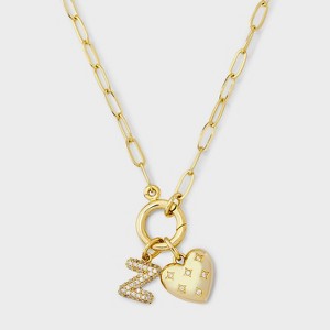 14K Gold Dipped Cubic Zirconia Puffy Heart Charm Initial Necklace - A New Day™ Gold - 1 of 4