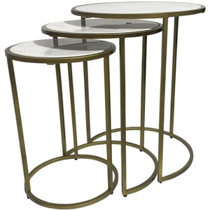 HomeRoots Set of Three White and Antiqued Gold Marble and Iron Round Frame Nested Tables - 1 of 4