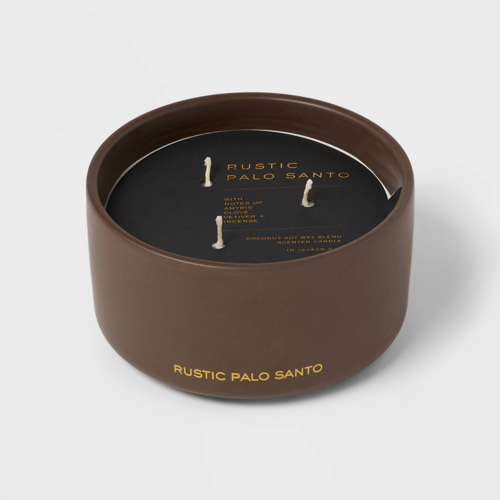 15oz Ceramic Jar 3-Wick Black Label Rustic Palo Santo Candle - Threshold™: Soy Wax Blend, Aromatic Clove & Vetiver