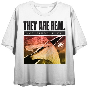 Jurassic Park They Are Real Life Finds A Way Crew Neck Short Sleeve Women's White Crop Top - 1 of 4