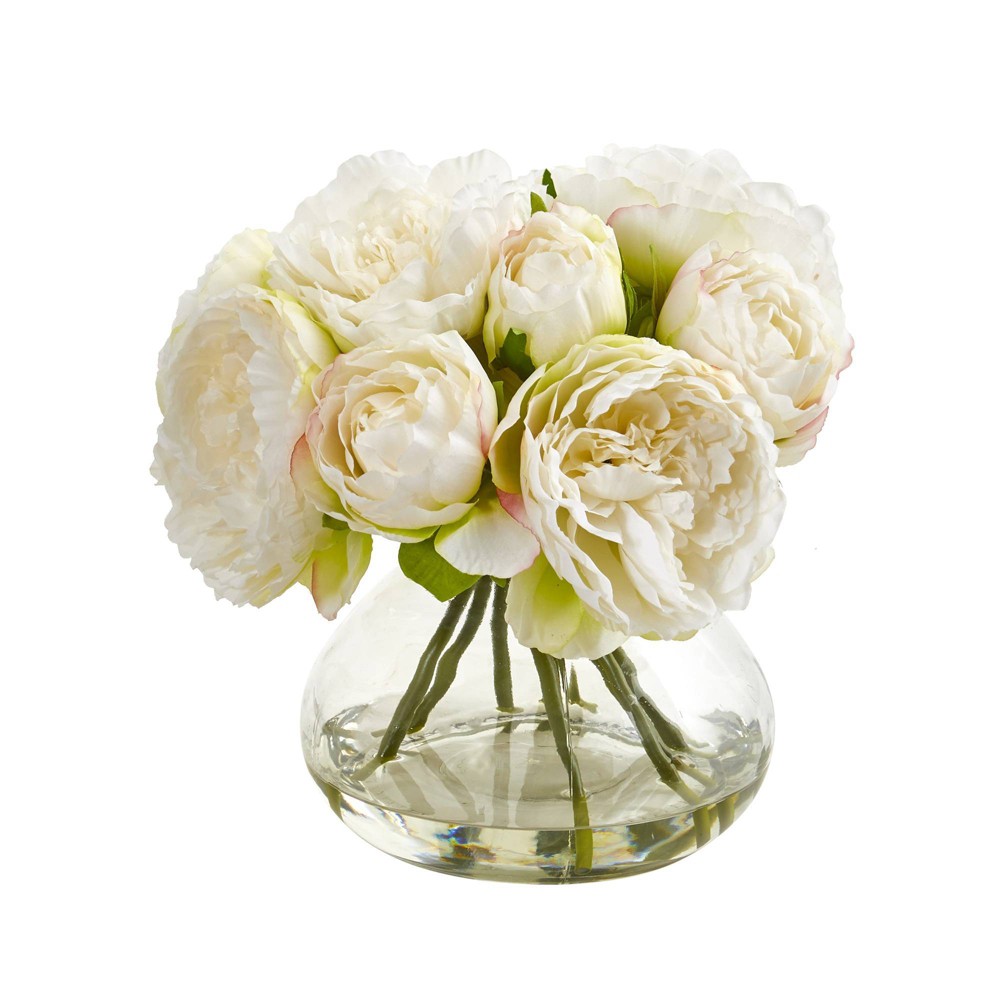 Photos - Garden & Outdoor Decoration 10" x 9" Artificial Peony Plant Arrangement in Vase - Nearly Natural