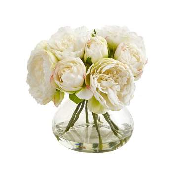 10" x 9" Artificial Peony Plant Arrangement in Vase - Nearly Natural
