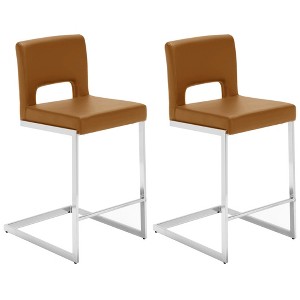 26" Bar Stools - Modern PU Leather/Velvet Barstools with Hollow Back, H Upholstered Armless Kitchen Island Stools with Chrome Metal Frame - 1 of 4