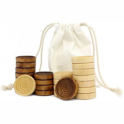 Attatoy Classic Stackable Wooden Checkers in Natural Wood Color 24 pc; w/ Drawstring Cloth Storage Bag, 1 1/8 Inch