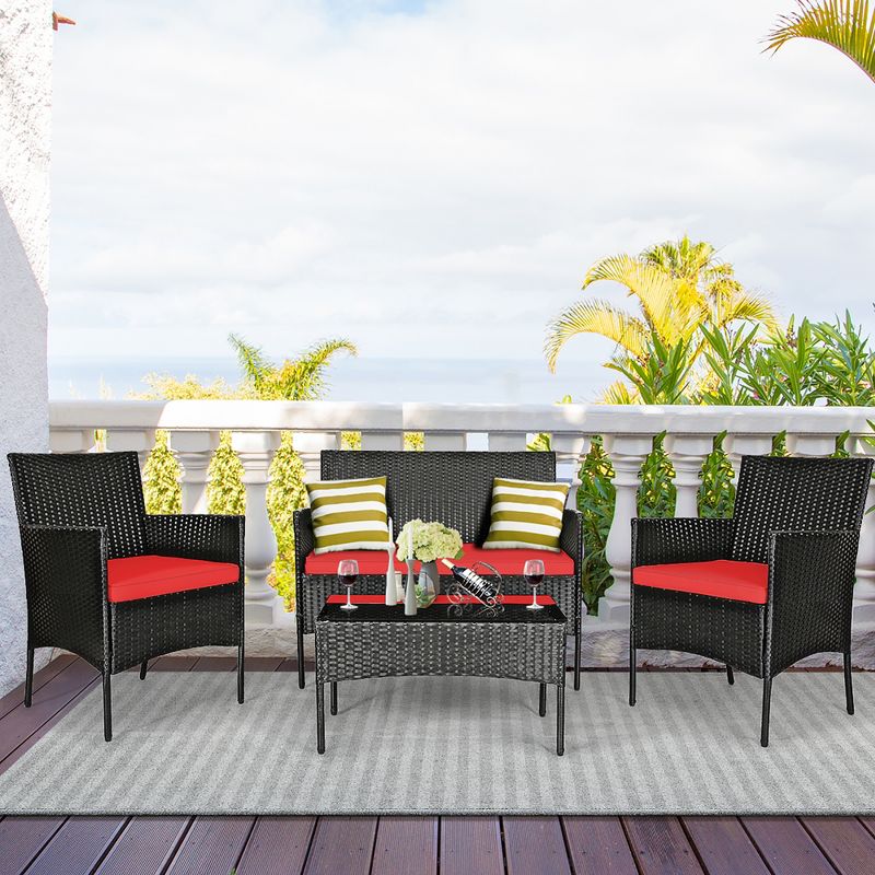 Costway 4PCS Patio Rattan Furniture Set Cushioned Sofa Coffee Table Backyard Turquoise/Red/White/Grey/Navy, 1 of 11