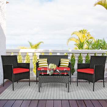 Costway 4PCS Patio Rattan Furniture Set Cushioned Sofa Coffee Table Backyard Turquoise/Red/White/Grey/Navy