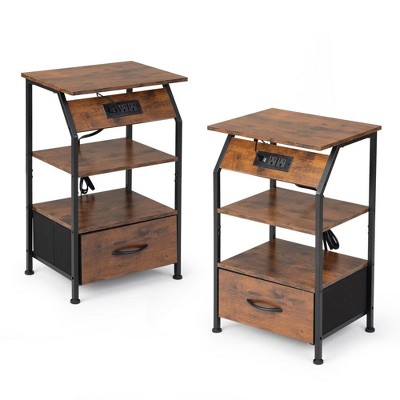 Resenkos Set of 2 Night Stand, Wooden Bedside Table with Shelves, Drawers, Charging Station and 26 Colors LED Light Strip, End Table for Bedroom Brown
