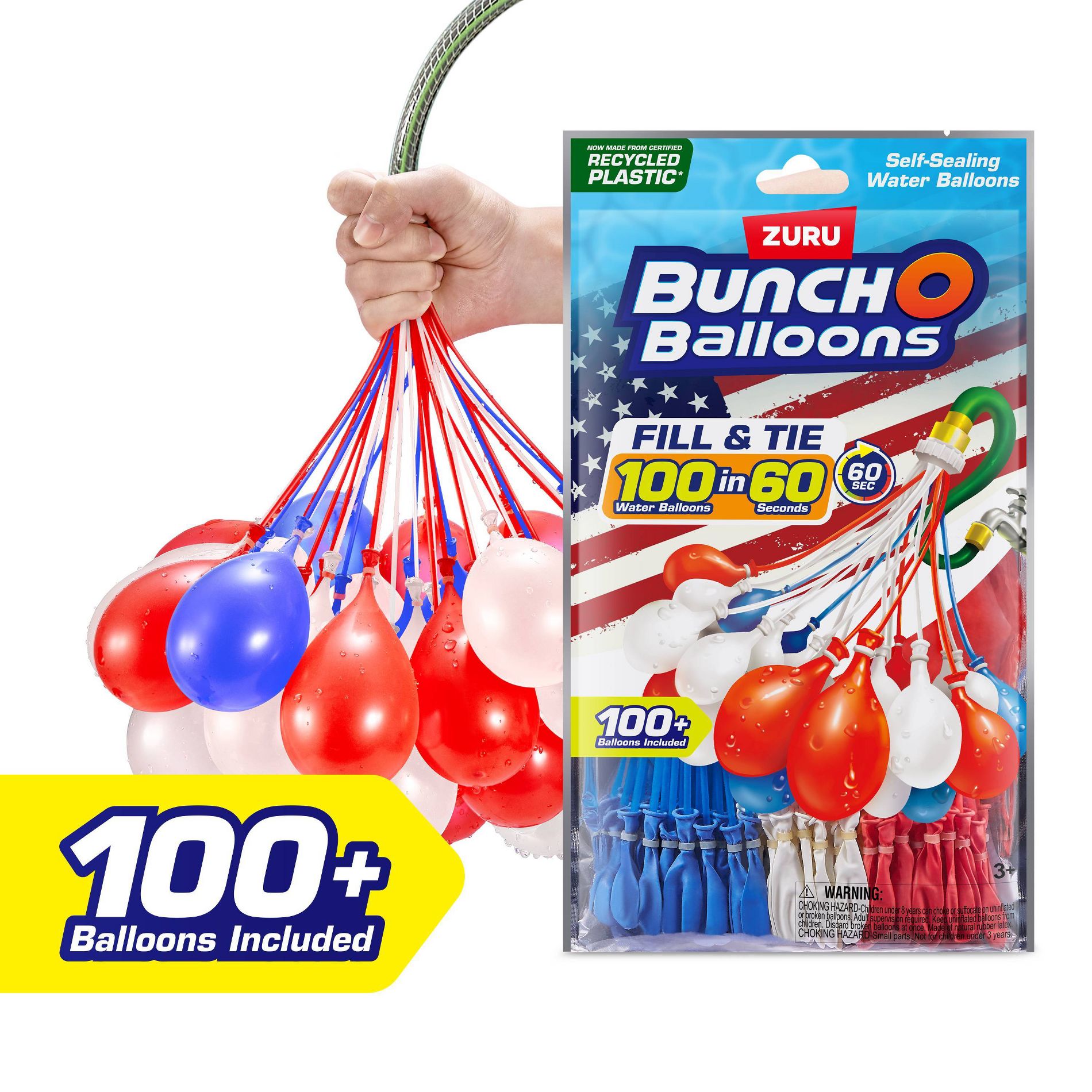 Bunch O Balloons 3pk Rapid-Filling Self-Sealing Pool Water Balloons by ZURU - Red/White/Blue: Pool Games, 100 Pcs Set