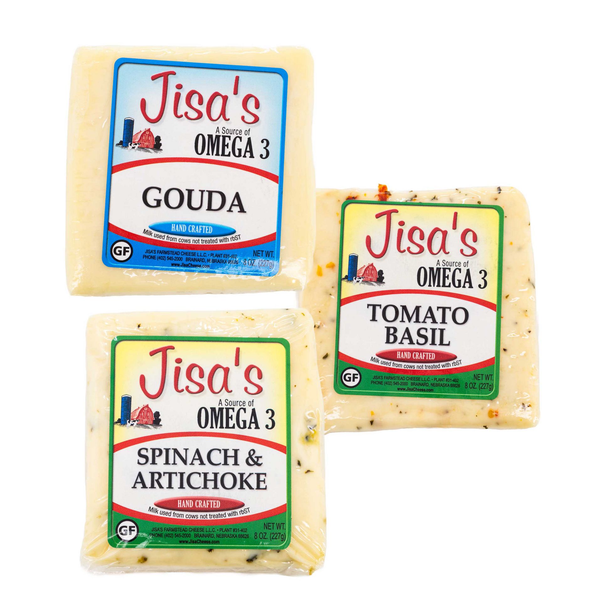 Jisa's Farmstead Cheese Block 3 Piece Sampler | Tomato Basil, Gouda, Spinach & Artichoke