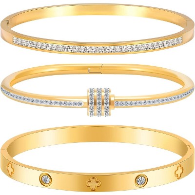 Gold Stackable Bracelets for Women - 3 Piece Stainless Steel Bangles with Love & Friendship Theme, Crystal Accents