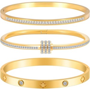 Gold Stackable Bracelets for Women - 3 Piece Stainless Steel Bangles with Love & Friendship Theme, Crystal Accents - 1 of 4