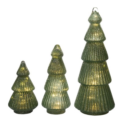 Transpac Light Up Glass Green Glitter Trees - Set of 3 Decorative Christmas Objects for Festive Home Decor