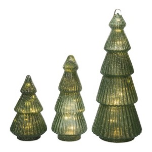 Transpac Light Up Glass Green Glitter Trees - Set of 3 Decorative Christmas Objects for Festive Home Decor - 1 of 4
