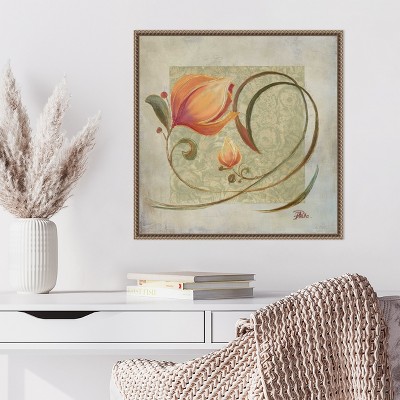 Peach Floral Beaded Bronze Framed Canvas Wall Art