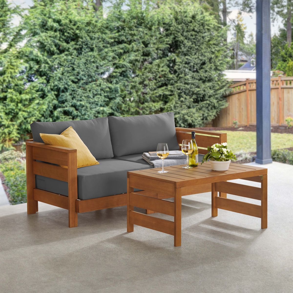 Alaterre Furniture Barton Patio Loveseat with Outdoor Coffee Table - Weather-Resistant Eucalyptus Wood Patio Furniture Set (Natural) - thumbnail 6