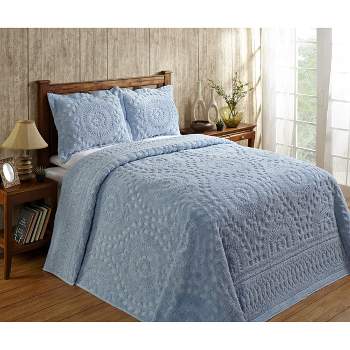 Set of 2 Twin Rio Collection 100% Cotton Tufted Unique Luxurious Floral Design Bedspread and Sham Set Blue - Better Trends