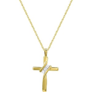 GILDED Small 14KT Yellow Gold Plated & Sterling Silver Natural Round-Cut Diamond Accent 3 Stone Cross Pendant with an 18 Inch Chain - 1 of 4