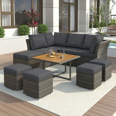 9-piece Outdoor All-weather Rattan Gray Patio Conversation Set With ...