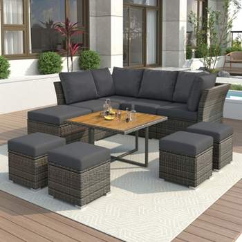 9-Piece Outdoor All-weather Rattan Patio Conversation Set with Wood Coffee Table - Maison Boucle