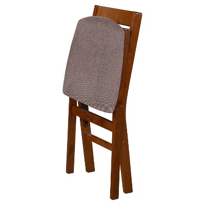 Brown Wood and Metal Upholstered Slat Back Folding Chairs, Set of 2