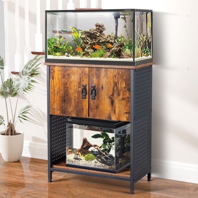 Fish Tank Cabinet 2 Doors with 10 Hooks Rotten Wood Color