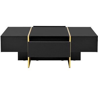 Vynxaria Minimalist Rectangular Coffee Table, 47.2"×31.4", Black High-Gloss Veneer, 2 Drawers, Golden Wood Grain Legs, Multi-Storage