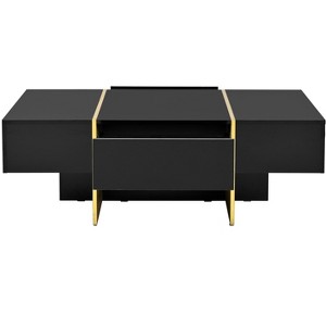 Vynxaria Minimalist Rectangular Coffee Table, 47.2"×31.4", Black High-Gloss Veneer, 2 Drawers, Golden Wood Grain Legs, Multi-Storage - 1 of 4