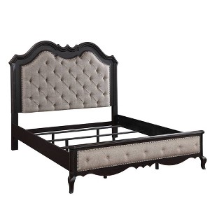 66.5" Queen Bed Chelmsford Bed Beige Fabric Antique Black Finish - Acme Furniture: Linen Upholstery, Wood Frame, Tufted Design - 1 of 4