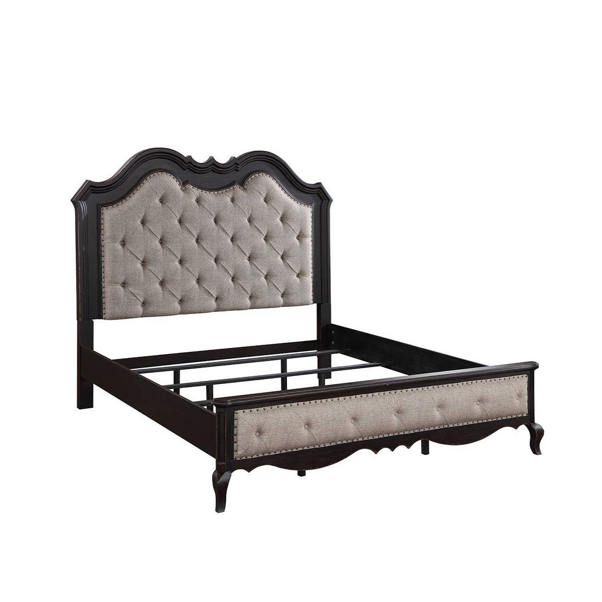 66.5" Queen Bed Chelmsford Bed Beige Fabric Antique Black Finish - Acme Furniture: Linen Upholstery, Wood Frame, Tufted Design
