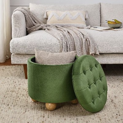 CAVINAS Round Storage Ottoman with Reversible Tray Top, Multi-Functional Round Linen Button Ottoman, Ottoman with Storage Space